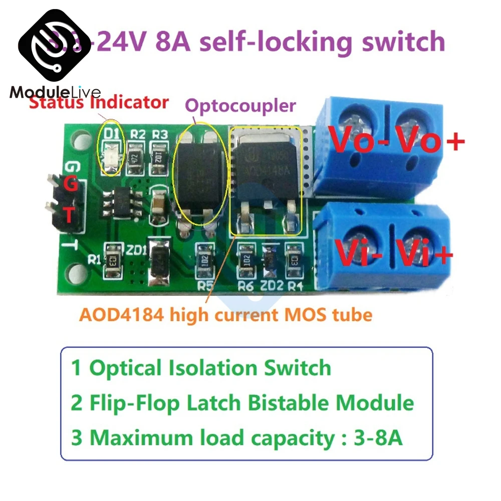 IO95A01 3.3V-24V 9V-24V 8A Isolation  LED Motor Flip-Flop Latch Switch Module Bistable Single Button LED Relay Solenoid Valve