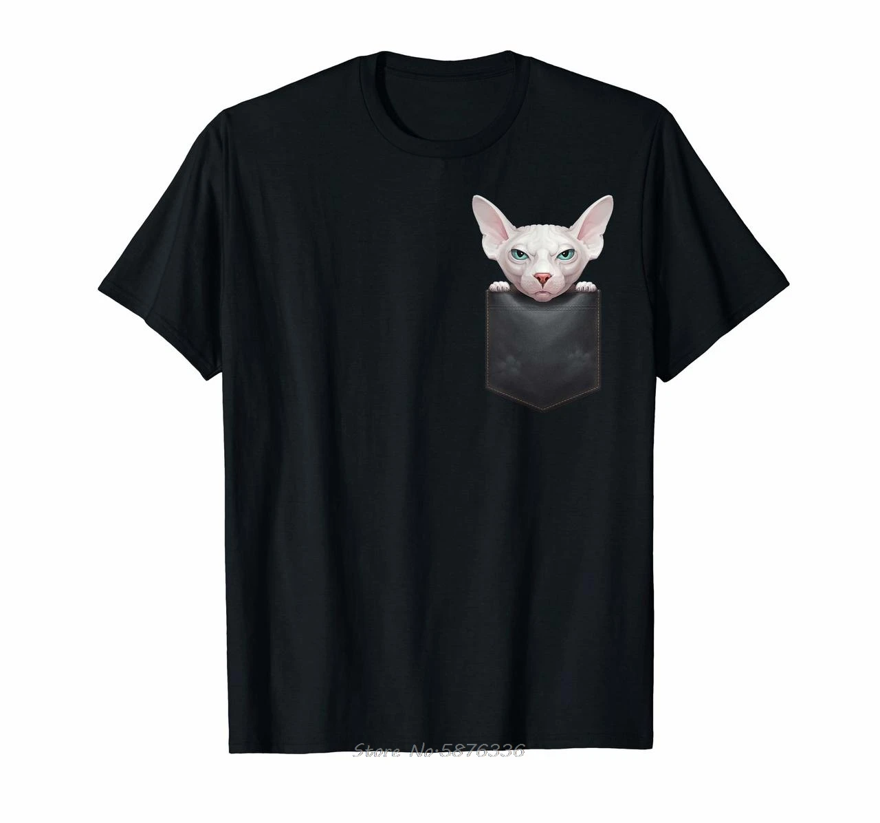 White Sphynx Cat In Breast Pocket T-shirt T Shirt For Men Women Male Girl Cotton Tshirts Funny Summer Tees