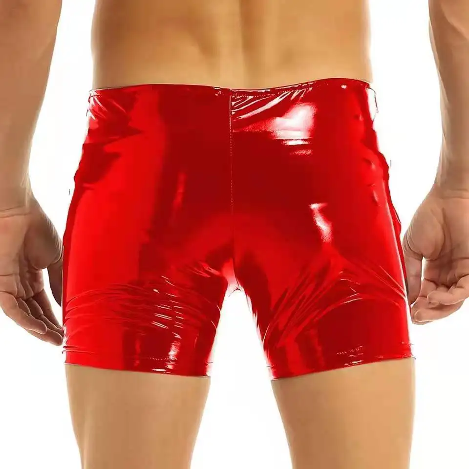 Mens Erotic Leather Hot Pants Short For Sex Porn Latex Underpants Zipper Beside Male Patent Leather Boxer Sexy Bottom Underwear