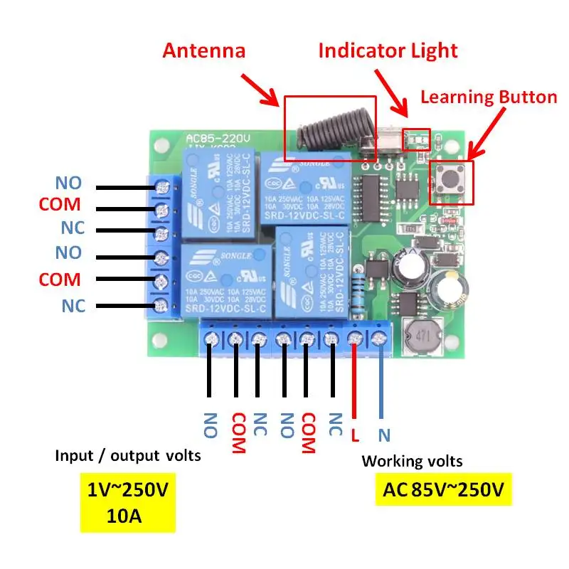 433MHz Universal Wireless Remote Control AC 110V 220V 10A 4CH Relay Receiver Module RF Switch 1000 Meters for Gate Garage Opener