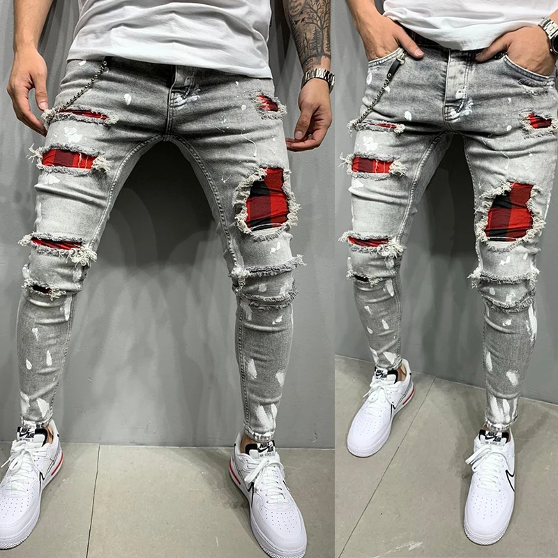 Men\'s Skinny Ripped Jeans Plaid Patchwork Denim Trousers Hip-Hop Print Jogging Pencil High Quality Denim Men Pants