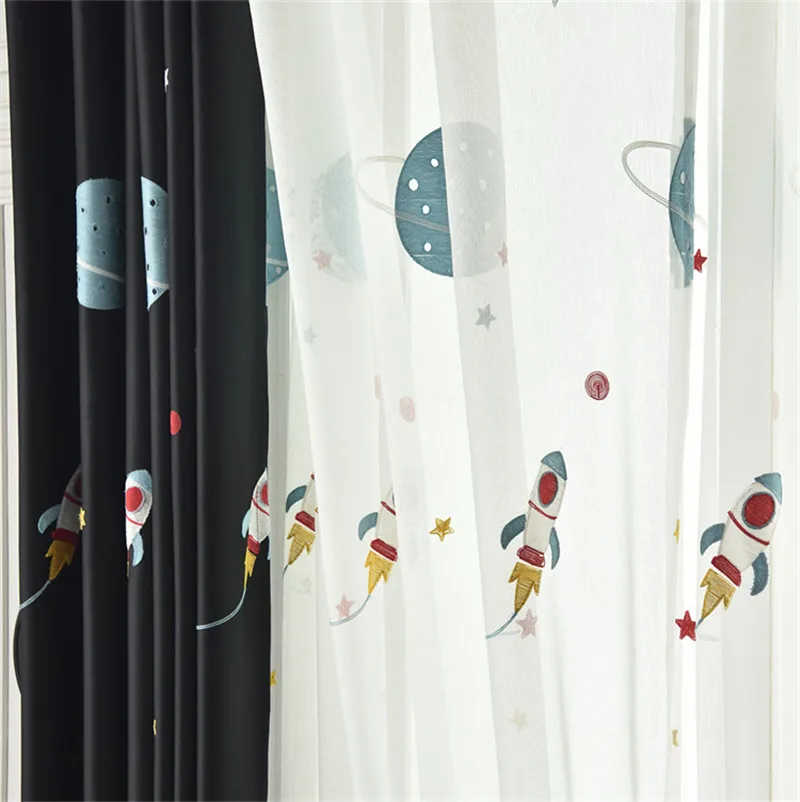 Cartoon Spaceship black blackout curtains for Kids boy room bedroom living room window Planet white embroidered Tulle curtain