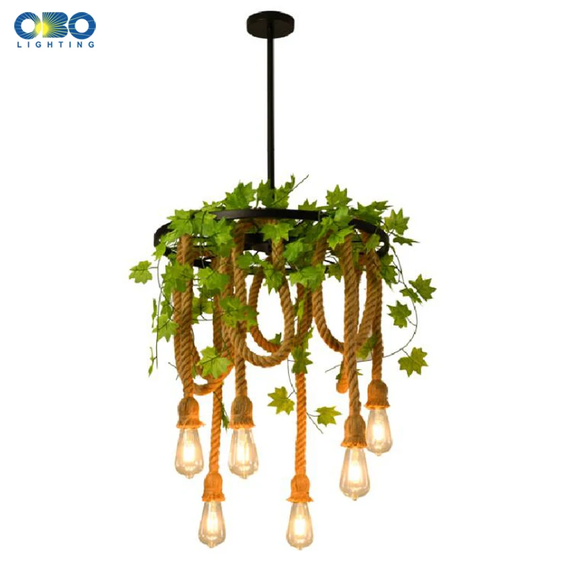 

Vintage Pendant Lamp Hemp Rope Iron Circle Greenery E27 Bar/Restaurant/Coffee Shop Indoor Lighting 6 Heads Retro American Lights