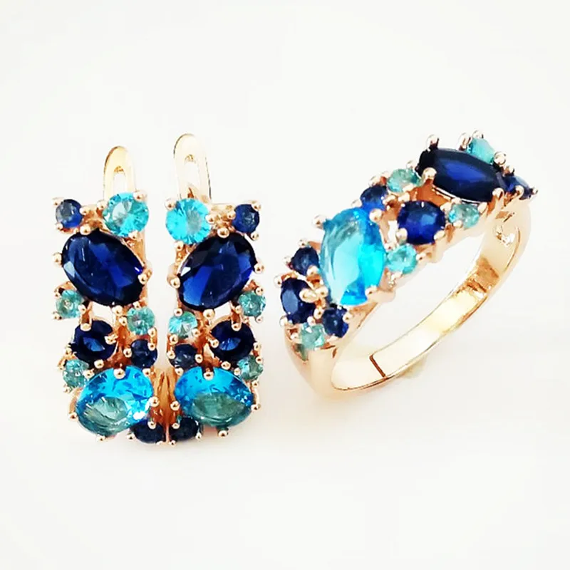 Fashion New Jewelry Set 585 Rose Gold Color Women Jewelry Luxury Blue Cubic Stone  Ring /Earring Jewelry Sets