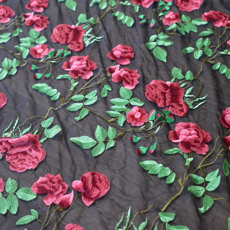 130cm Wide (1order=130cm*1yard)Black Translucent Mesh Red Beautiful Floral Lace Fabric For Garments And Wedding Decoration