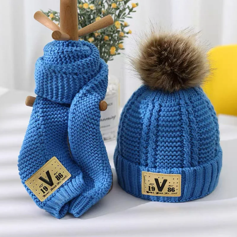 Children\'s hat and scarf set combination boys and girls lovely thick style autumn winter warm knitting wool hat and neck scarf