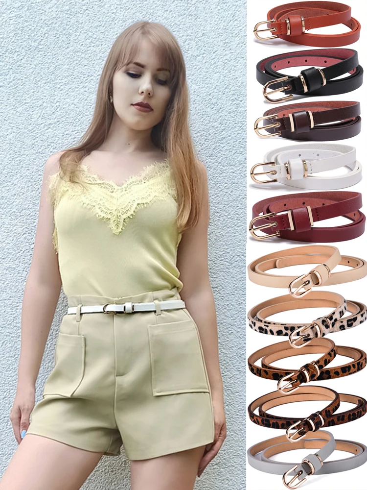 Women's Skinny Leather Belt Solid Color Waist or Hips Ornament Girls 1.5cm Wide Leopard Waistband 10 Sizes to Choose From