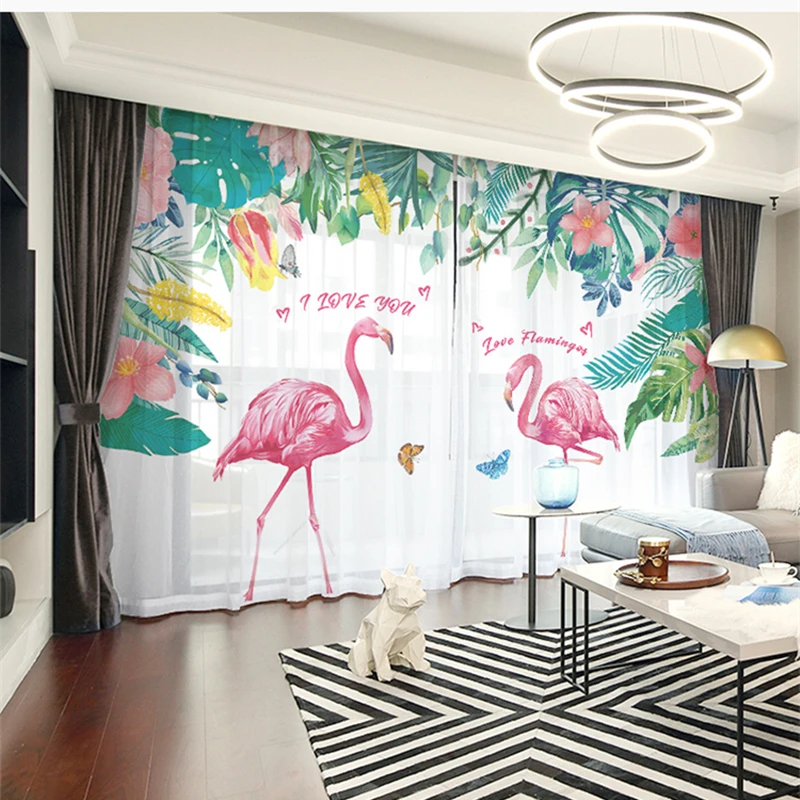 

Custom Chiffon Curtain Window Drape for Nursery Kids Children Living Room Flamingo Palm Leaves Khaki Gray Brown Pink Blue