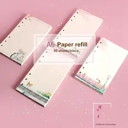 Sharkbang-Kawaii Sakura e Cat A6 Refil para Notebook Folhas Soltas, Binder Espiral Inner Pages, Line Grid, Agenda em Branco, Novo, 80 Folhas