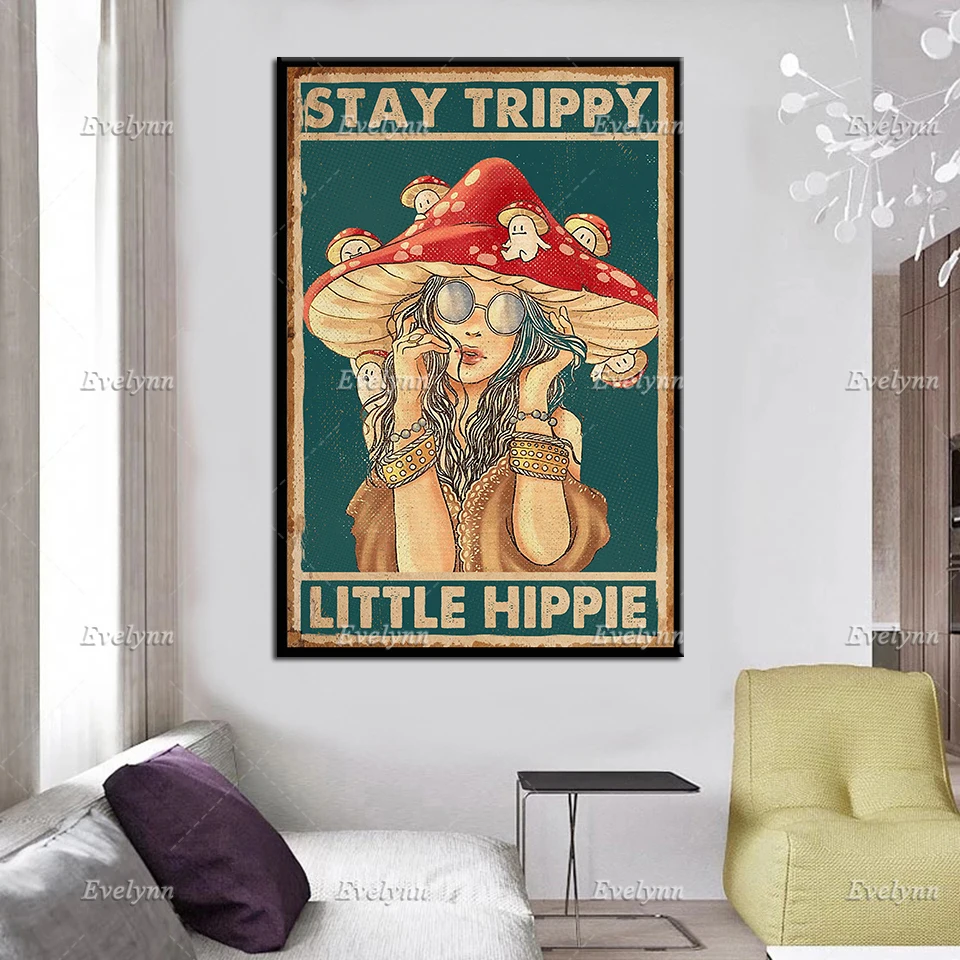 Mushrooms Hunting Girl Retro Poster Stay Trippy Little Hippie Minimalism Wall Art Prints Home Decor Canvas Unique Gift