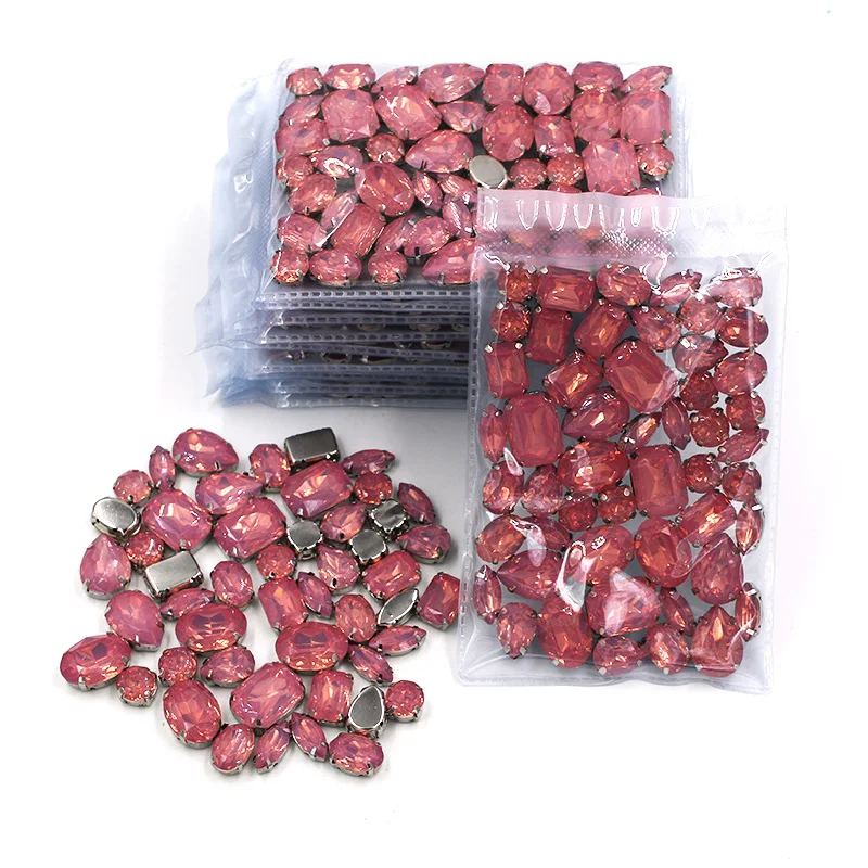 Free shipping wholesale 5 bags mixed shape pink rhinestones Resin silver base sew on rhinestones for Clothing accessories