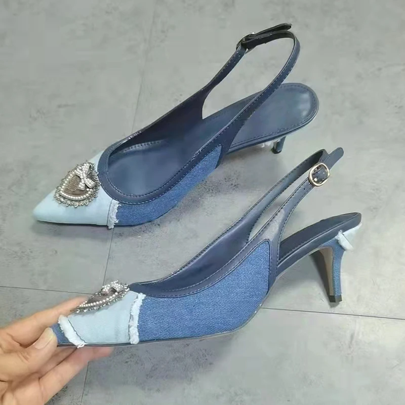 Women Blue Denim Gladiator Pumps Luxury Crystal Pointed Toe Buckle Ankle Strap Thin High Heeled Party Wedding Shoes