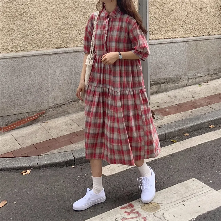 Academische Stijl Zomer Losse Kraag Plaid Jurk Vrouwelijke Zomer 2020 Nieuwe Stijl Korte Mouw Lange Patroon Rok Lolita Jurk