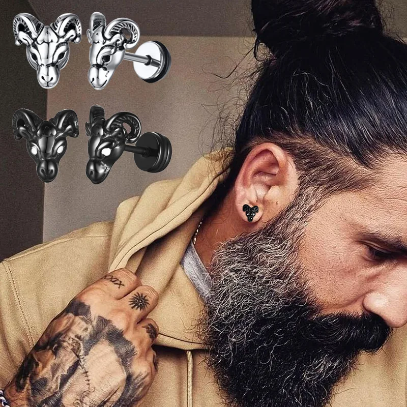 Satan Heep Head, Men Stud Earrings ,Stainless Steel Satan Gothic Man Jewelry,Screw-On Ear Plugs