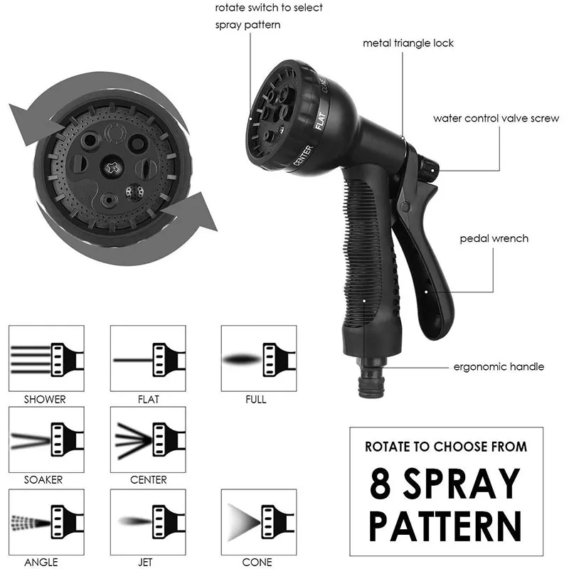 Flexible Garden Hose 25-100Ft Water Hose Expandable with 3-Way Latex Core Fabric High Density 8 Functional Spray Nozzle Set