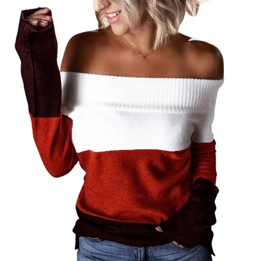 Woman Sweaters Off Shoulder Patchwork Long Sleeve Knitted Sweater Pullover Autumn Winter кофты женские