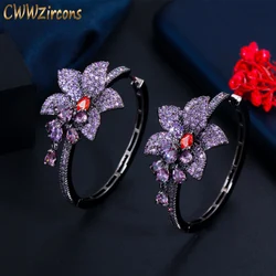 CWWZircons Chic Black Gold Color Purple Cubic Zirconia Crystal Round Big Dangle Drop Flower Charms Hoop Earrings for Women CZ820