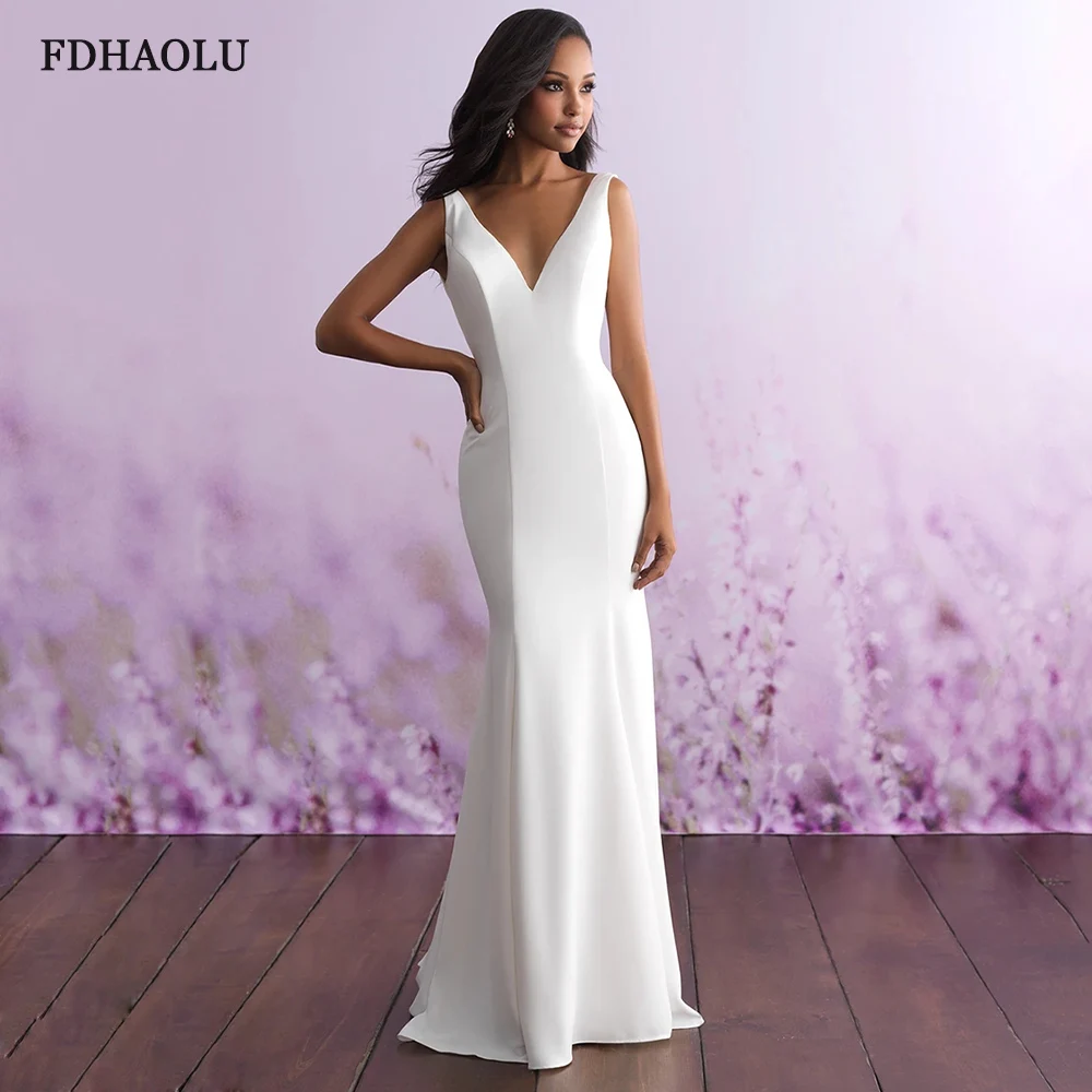 

FDHAOLU FU09 White Mermaid Wedding Dresses Satin Bridal Gowns V-Neck Spaghetti Straps Luxury A-line Party Gowns