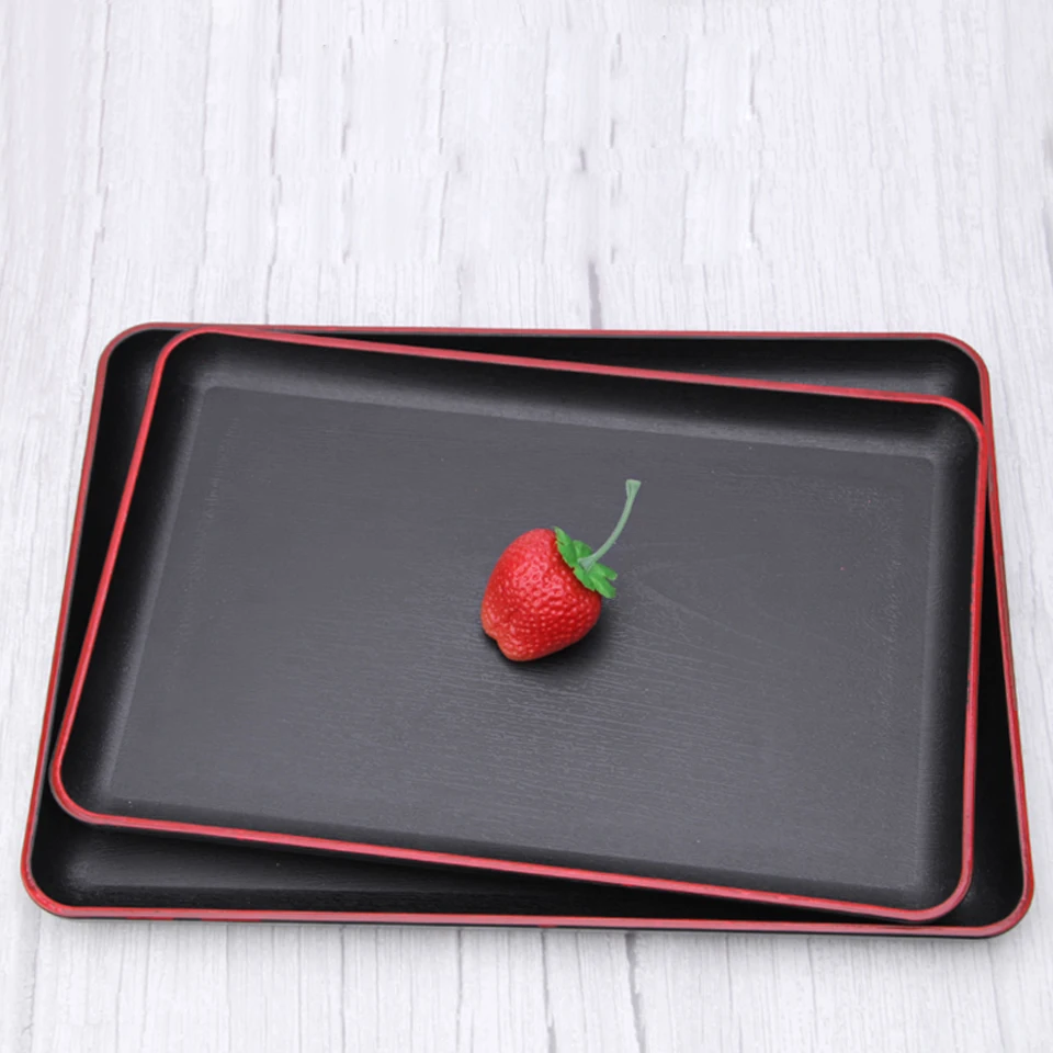 Japanese Tray Sushi Plate Melamine Imitation Porcelain Dinner Plate Rectangular Black Red Edge Hotel Guest Room Storage Tray