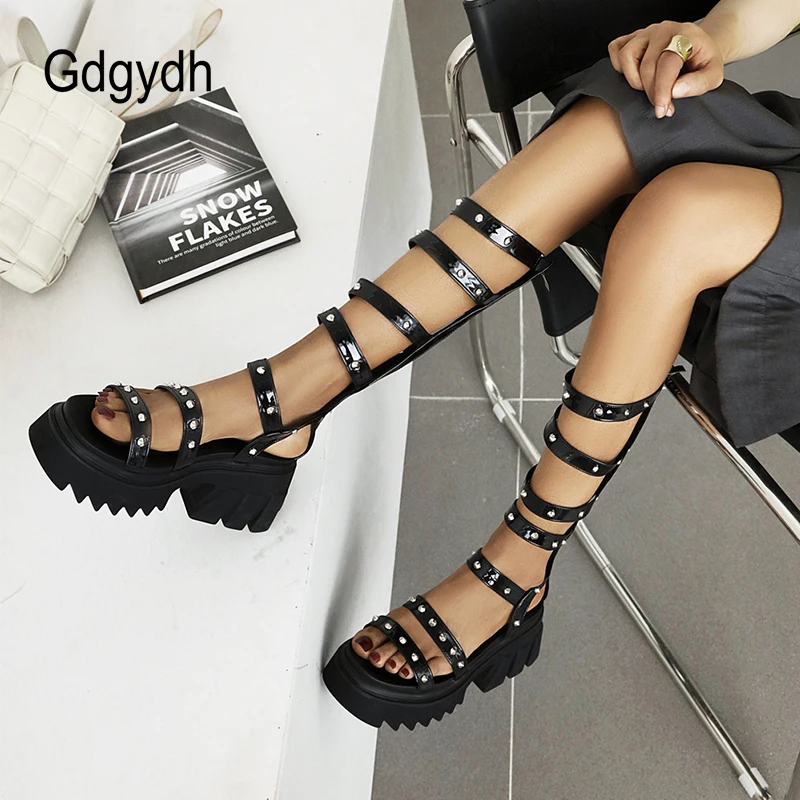 Gdgydh Street Style Roman Knee High Gladiator Sandals Women Rivet Platform Chunky Heels Punk Rock Gothic Shoes Zipper Comfort