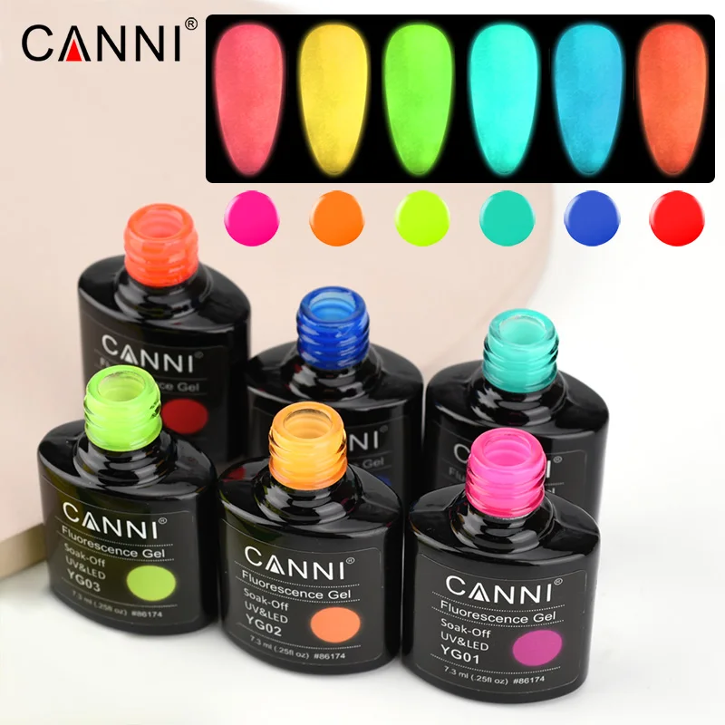 CANNI 2021 جديد وصول 7.3 مللي 6 ألوان الإسفار هلام البولندية YG01-YG06 مضيئة هلام النيون طويلة الأمد نقع قبالة UV/LED مسمار الفنون
