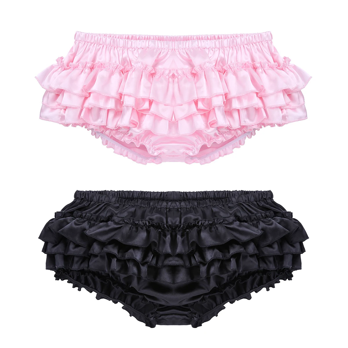 Sissy Skirted Gay Panties for Mens Lingerie Night Shiny Satin Ruffled Bloomer Tiered Sexy Briefs Bikini Underwear Underpants