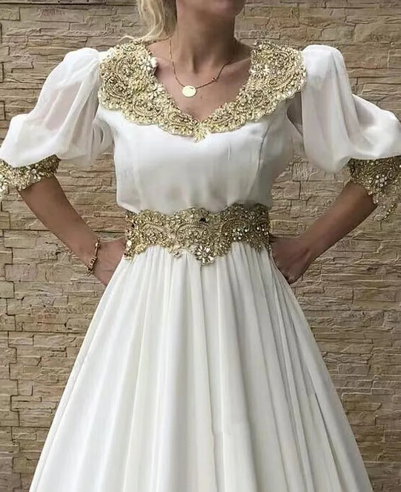 Traditional Kosovo Albanina Prom Dresses Gold lace Applique half sleeve arabic Formal Evening prom Gowns vestido de fiesta