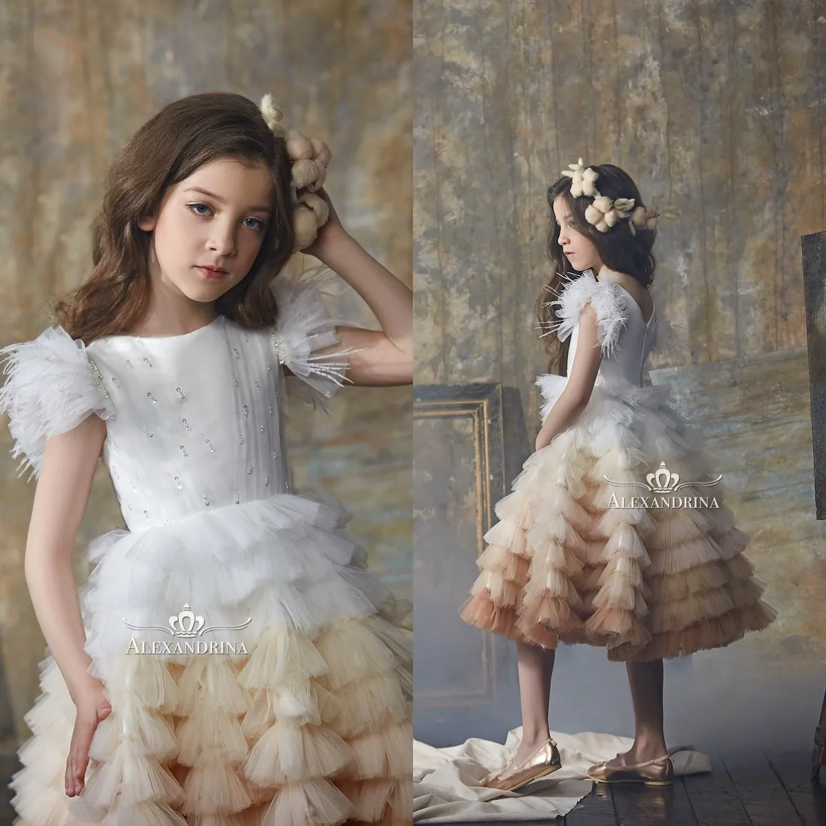 

Ombre Feather Flower Girl Dresses Beaded Ruffles Knee Length Short Gilrs Pageant Dress Little Kids First Communion Dress