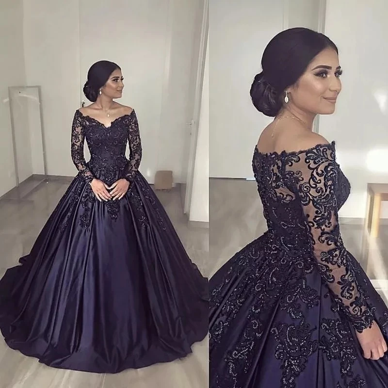 Spitze, lange Ärmel, Gothic-Schwarz-Hochzeitskleid für die Braut, 2025, Perlen, V-Ausschnitt, Satin, formelles Brautkleid, Sweep, individuell gestaltet