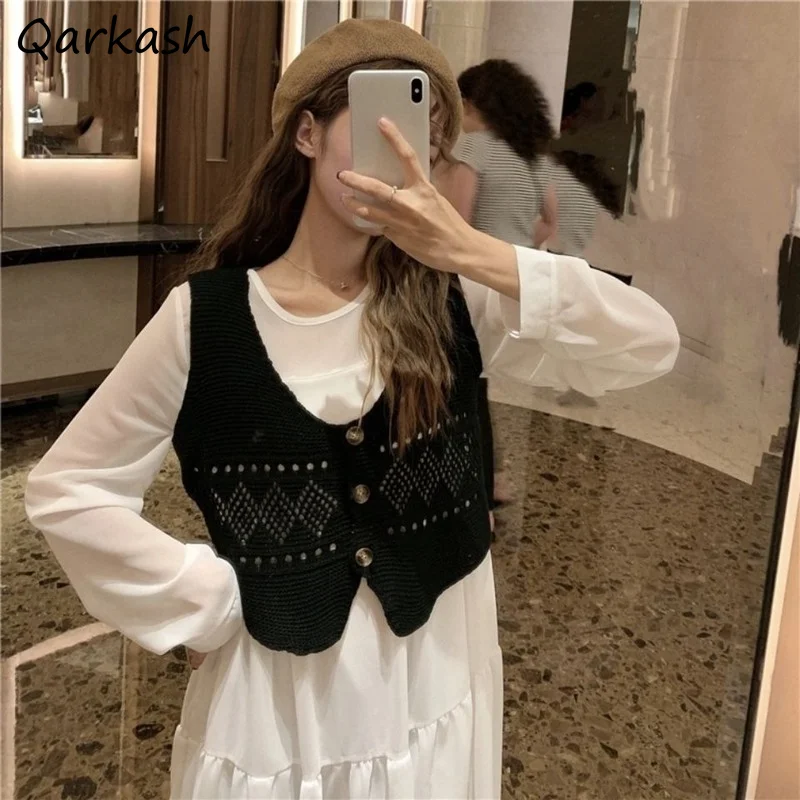 

Waistcoats Women Korean Style Vest Pure Simple Casual V-Neck Hollow Out Design Cropped Outerwear Stylish All-match Retro Knitted