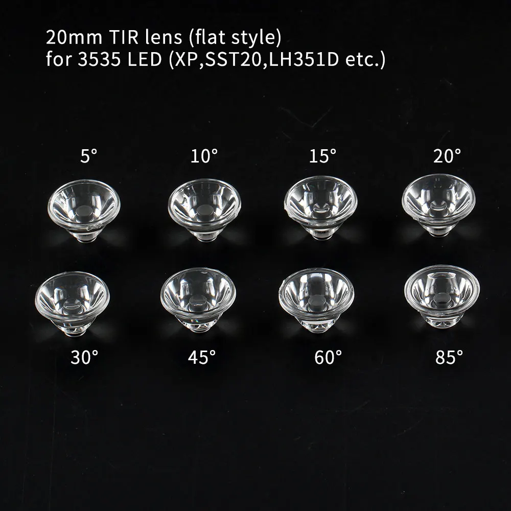 5/10/15/20/30/45/60/85degree 20MM TIR lens ,flat style, for 3535 LED (xp,sst20,LH351D,etc)