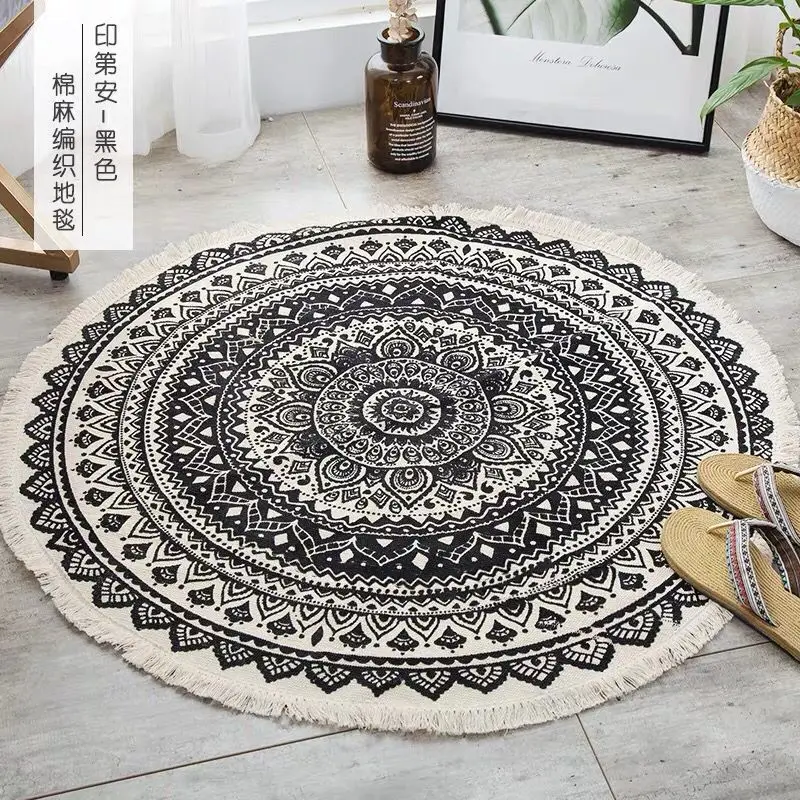 Boho Carpet Round Cotton Linen Carpet Anti-Slip Floor Mat Mandala Carpets for Living Room Bedroom Bohemian Mat Macrame Area Rugs