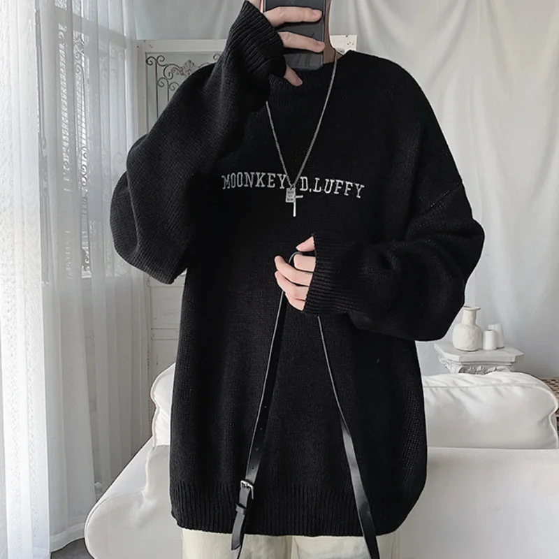 Knitted Men Sweater Pullover Fashion Thick Warm Winter Letter Print Cartoon Character Clothes Lazy Style Oversized Male Pullover