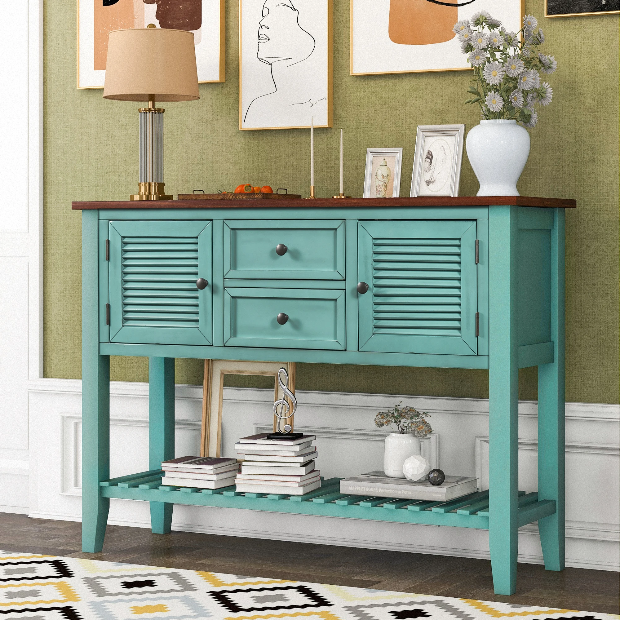 Three Colors Console Table Sideboard with Shutter doors Two Storage Drawers and Bottom Shelf for Entryway Living Dining Room