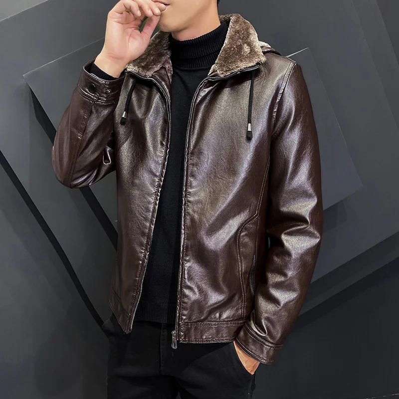 

Men's Leather Jacket Autumn Winter 2021 New Outwear PU Leather Hooded Coats Velvet Thick Motorcycle Top Parkas Warm Windbreaker