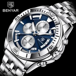 BENYAR Mens Watches 2023 Top Brand Luxury Stainless Steel Men Quartz Wristwatches Chronograph Sports Military Relogio Masculino