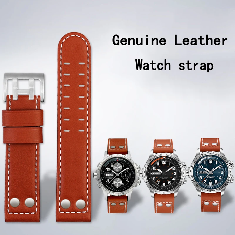 20mm 22mm Cowhide jazz WatchBand For Hamilton Khaki aviation H77616533 H70615733 Men's Watch strap Stainless steel rivet