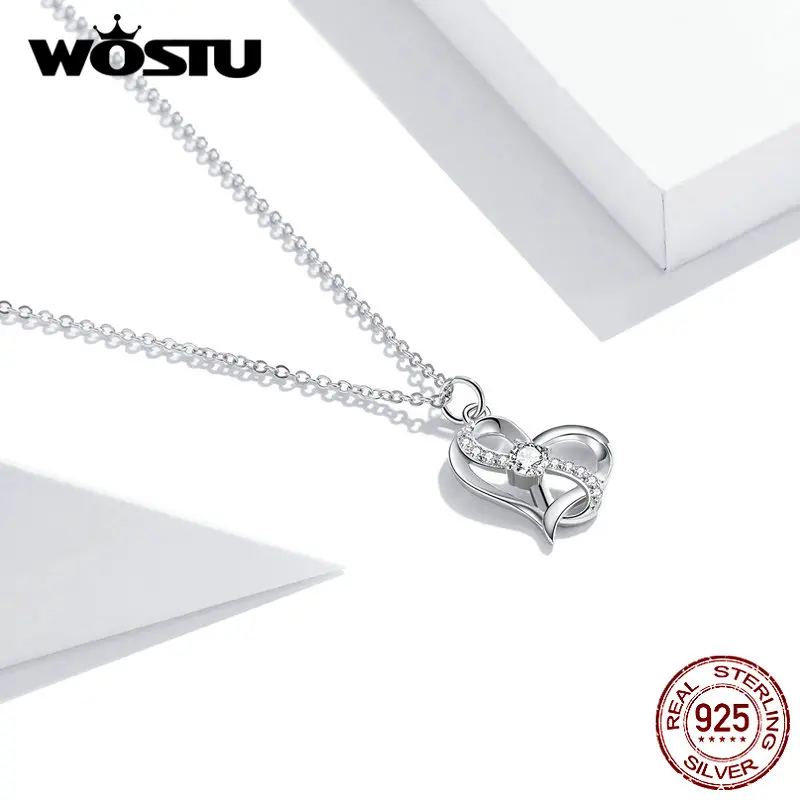 

Wostu Infinity Love Necklace 925 Sterling Silver Heart to Heart Necklace for Women Party Wedding Fine Jewelry Gift DXN442