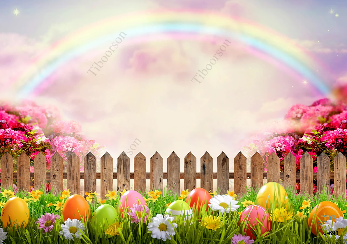عيد الفصح التصوير الأرانب البيض خلفيات خشبية خلفية حفلة قوس قزح الجزر الزهور العشب السماء سياج ديزي لافتات