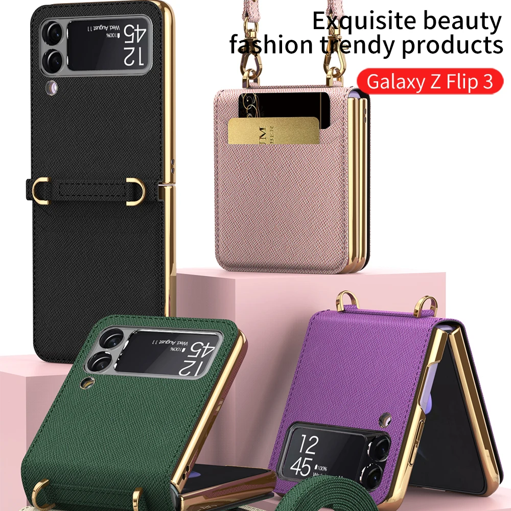 

Luxury Leather Card Slot Holder Cover For Samsung Galaxy Z Flip 3 5G Case Women Shoulder Crossbody Camera Protection Coque Funda