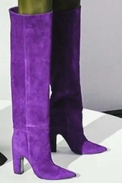 

Violet Blue Brown Suede 80 mm Square Heels Loose Slip On Knee High Boots Woman Purple Pointed Toe Tube Long Botas Shoes Lady