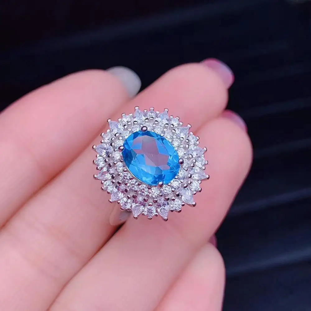 مجوهرات بوتيك KJJEAXCMY من الفضة الإسترليني عيار 925 مرصعة بالتوباز الأزرق الطبيعي قلادة خاتم بدلة دعم كشف فاخر