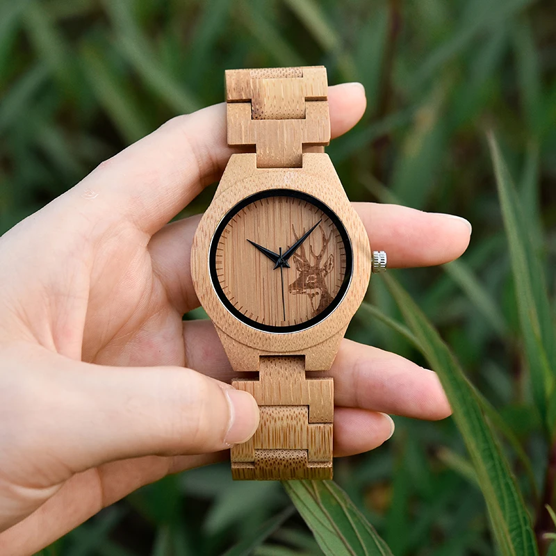 BOBO BIRD E04 Women\'s Elk Deer Design Dial Fashion Bamboo Watch Japan Quartz Bamboo Band Watches Custom Gift For Ladies Relojio