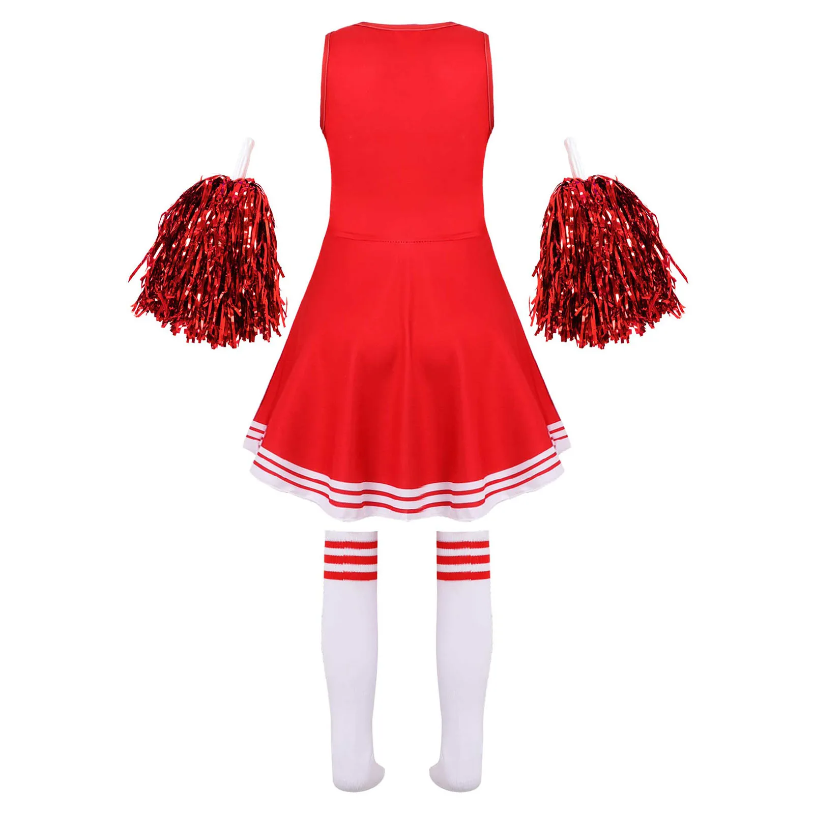 Kids Cheerleading Costume School Girls Cheerleader Uniforms Cheer Dance Outfits for Halloween Cosplay Dress with Socks Flower