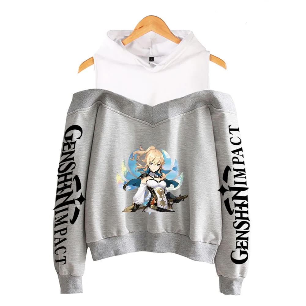 Genshin Impact Hoodies Women\'s Off-shoulder Hoodie Sweatshirt Autumn Winter Hoodie Harajuku Cartoon Xiao Off-shoulder Sweatshirt