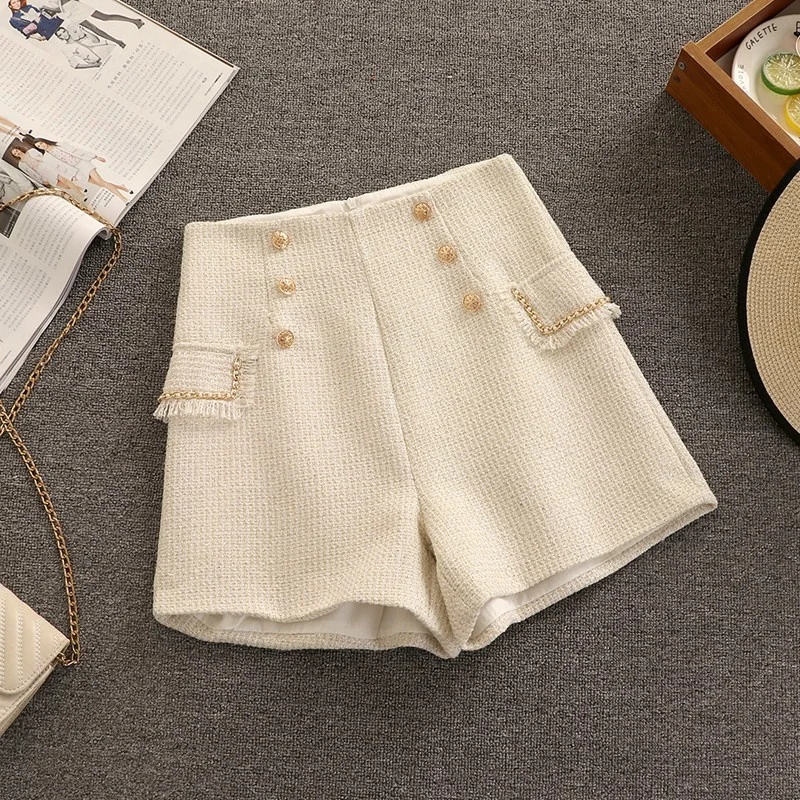 Chic Autumn Winter Tweed Shorts Two Piece Set Women Tassel V Neck Pocket Patchwork Chiffon Shirt + High Waist Button Shorts Suit