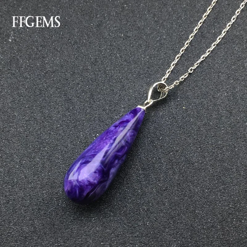 FFGEMS Real Charoite Pendants Sterling 925 Silver Natural Gemstone Necklace Fine Jewelry Women Wedding Party Gift