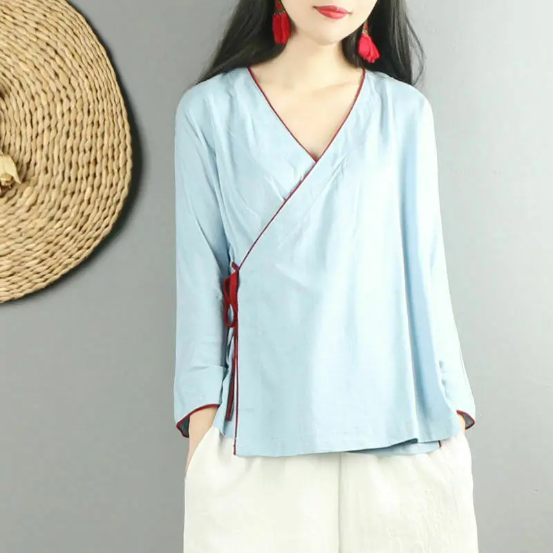 Hanfu Top Women Summer Vintage Retro Top Female Beach Women\'s Kimono Shirt V Neck Chinese Asian Style Cotton Linen Blouse Party