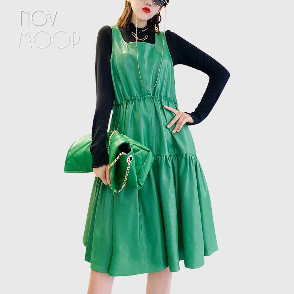 Novmoop genuine leather women ruffle dress adjustable waist strip solid color elegant sweet lady Robe en cuir LT3460