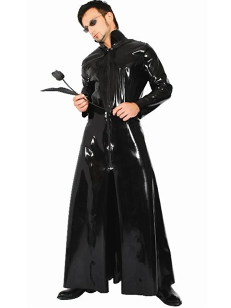 New Listing  Men Women Black Shiny PVC Latex Matrix Neo Long Coat Faux Leather Long Trench Coat Costume S-XL